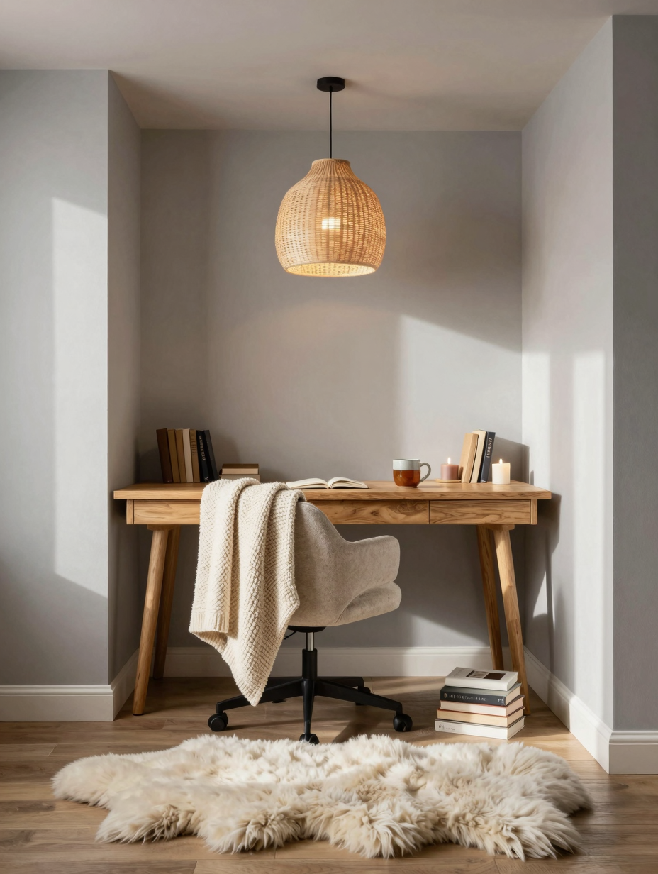 Cozy hygge home office nook with soft blankets, warm lighting, and a comfortable armchair, creating a relaxing work-from-h...