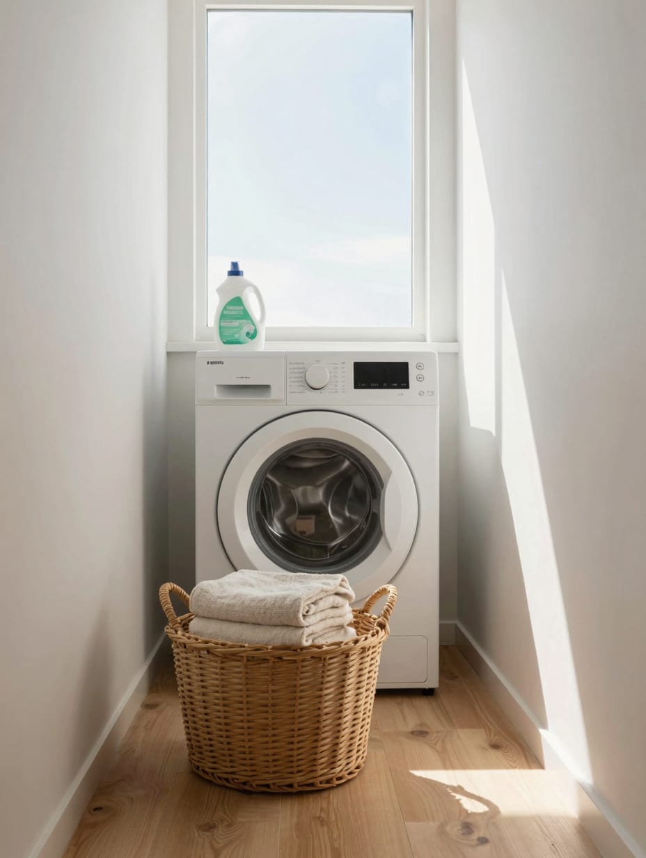 Minimalist small laundry room with streamlined storage, emphasizing clean lines and serene design.