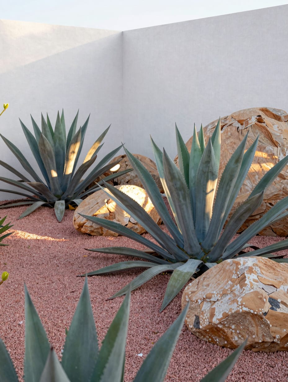 A sculptural agave plant nestled in a modern rockery, creating an impressive and polished yard landscaping idea.