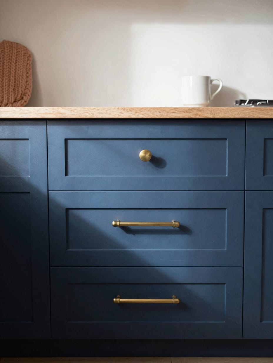 Close-up of a modern, brushed brass cabinet pull on a white kitchen cabinet, showing an easy budget apartment decor upgrad...