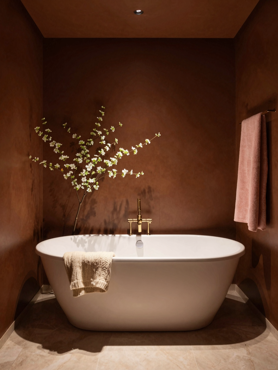 An elegant espresso-colored color drenching bathroom with dark walls, matching vanity, and gold accents, creating a luxuri...
