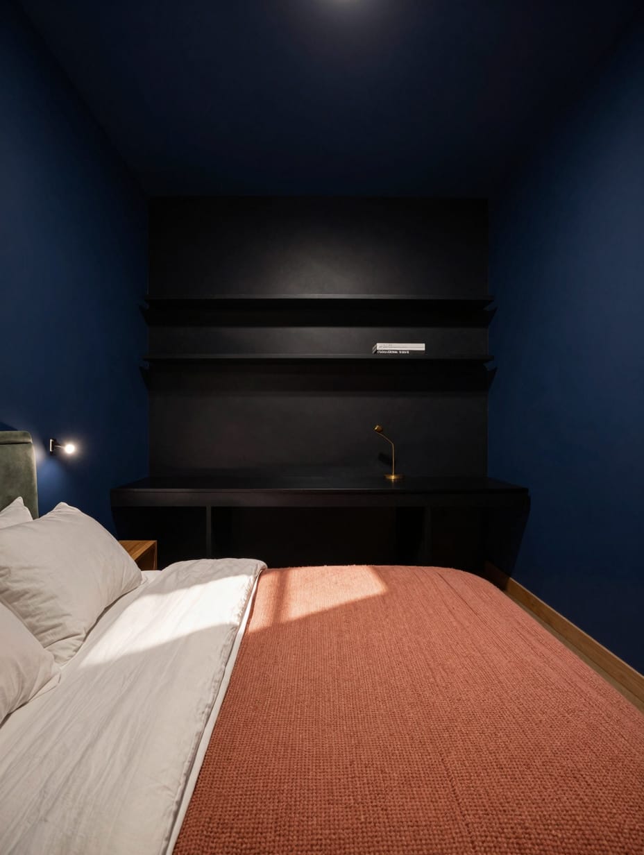 A sophisticated color drenching home office in midnight blue, with dark furniture and strategic lighting creating dynamic ...