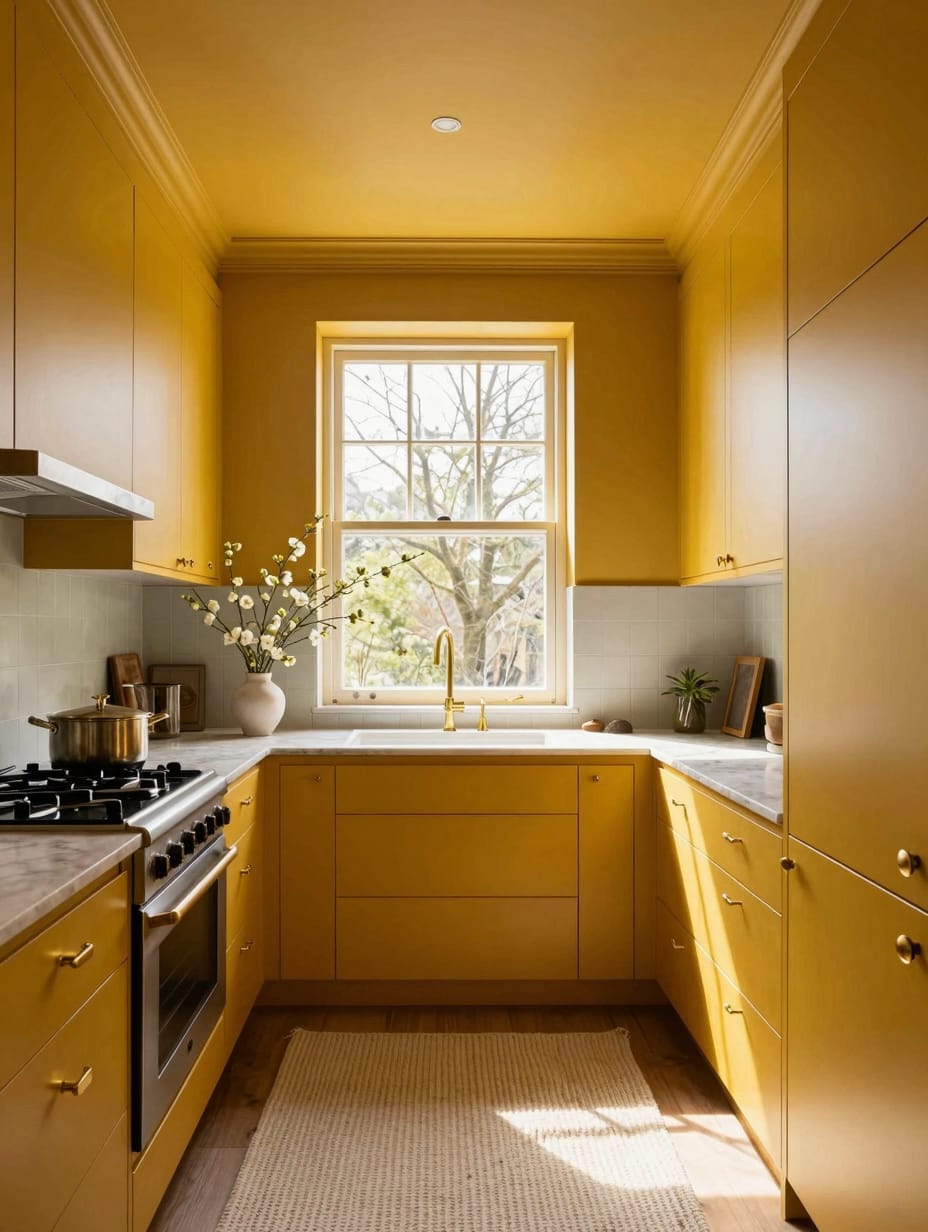 A contemporary kitchen fully drenched in a vibrant mustard yellow hue, featuring sleek cabinetry and modern appliances.