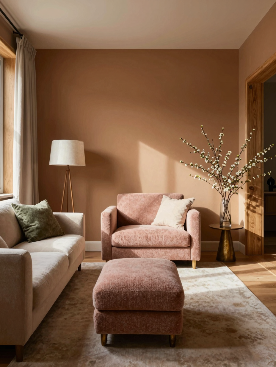 A cozy caramel-toned living room corner with a plush armchair, throw, and decorative accents, exuding warmth and style.