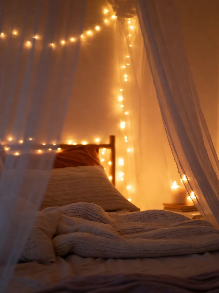 Warm-toned string lights hung above a bed, casting a magical glow in a cozy bedroom. These lights enhance cozy bedroom ide...