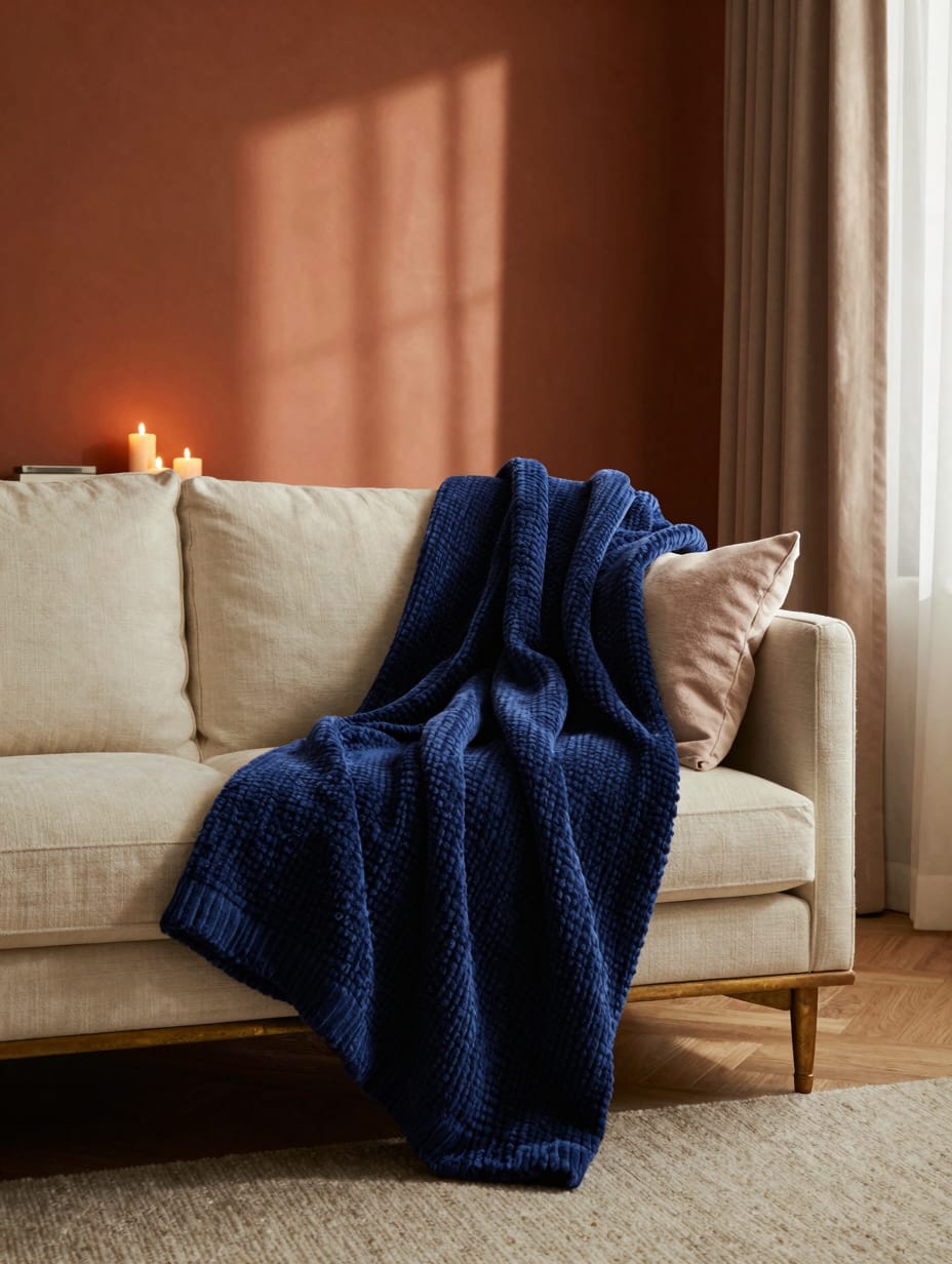 A close-up of a plush gray weighted blanket draped over a sofa in a modern living room setting.