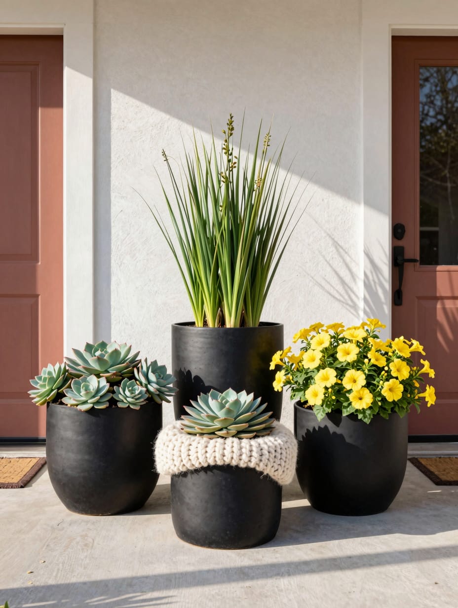 Chic grouped pot displays featuring various plants and flowers, adding elegance to a front yard entrance and boosting curb...