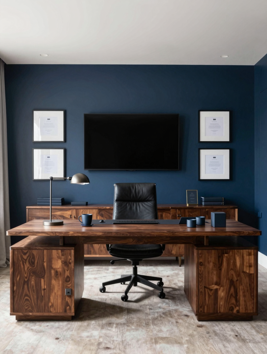 A sleek, modern home office aesthetic with a dark wood desk, minimalist decor, and a comfortable ergonomic chair, creating...