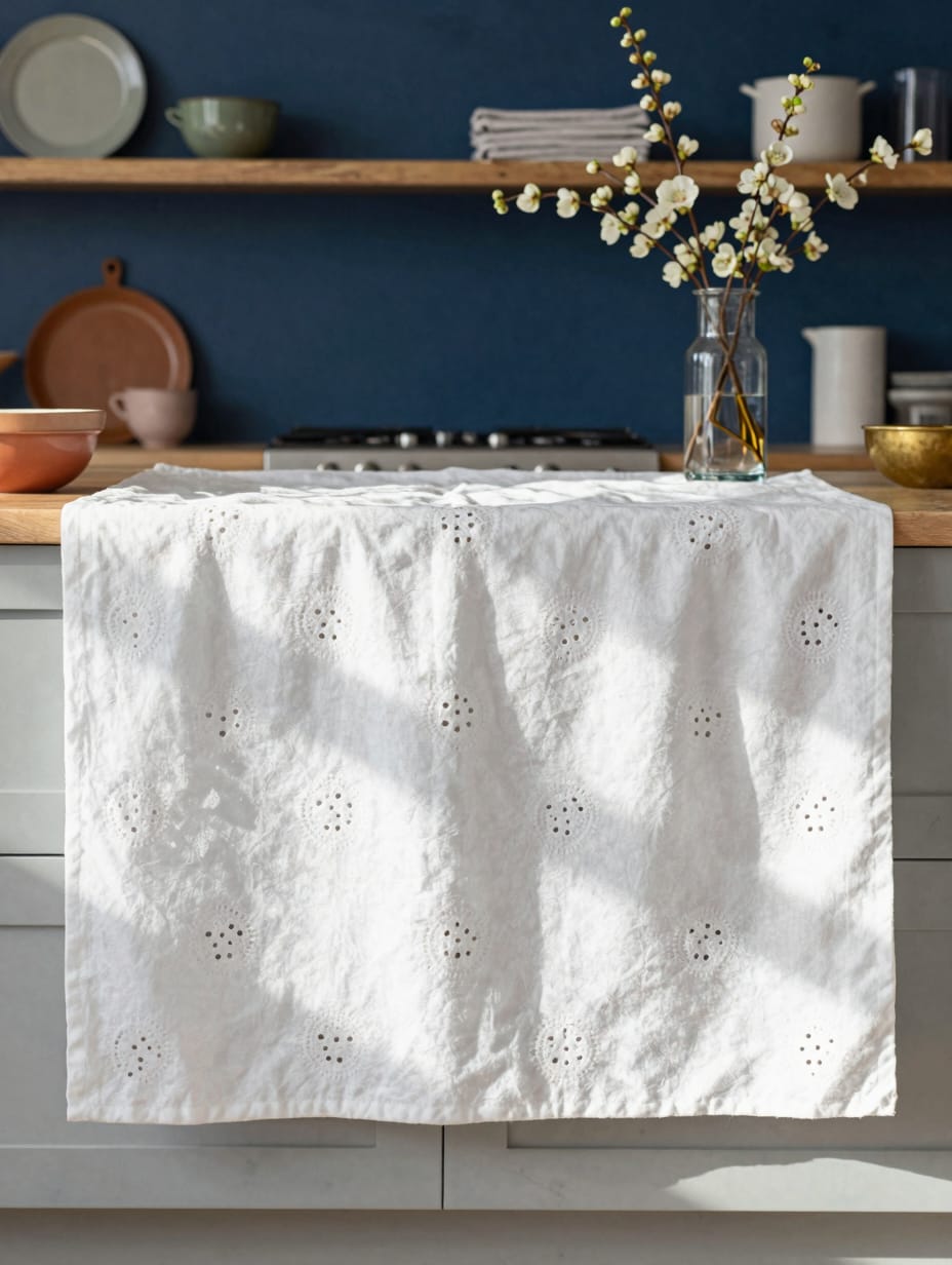 A close-up of airy eyelet lace kitchen sink curtains allowing morning light to filter through, creating a soft glow in the...