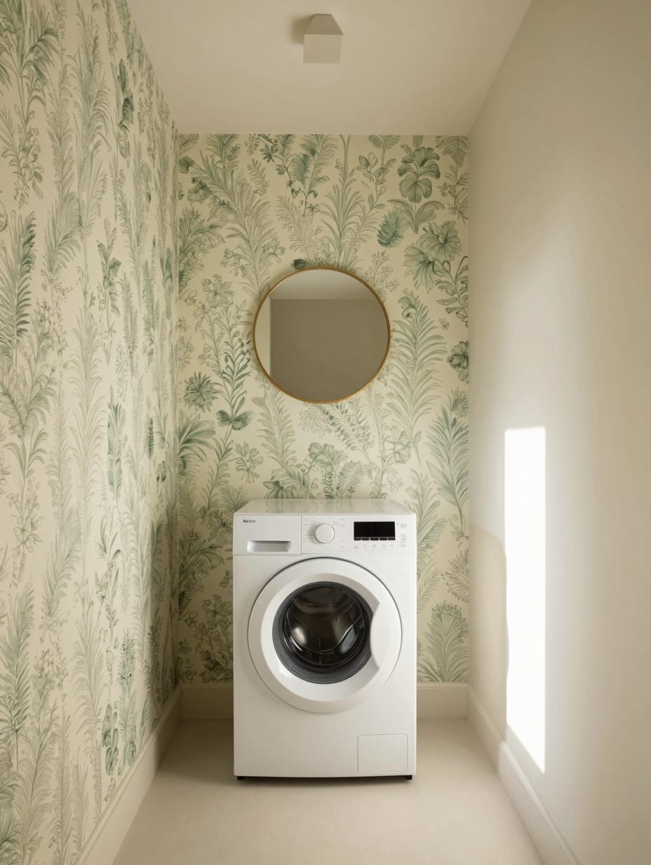 A charming laundry room features an accent wall with bold geometric wallpaper, adding a pop of personality above the washe...