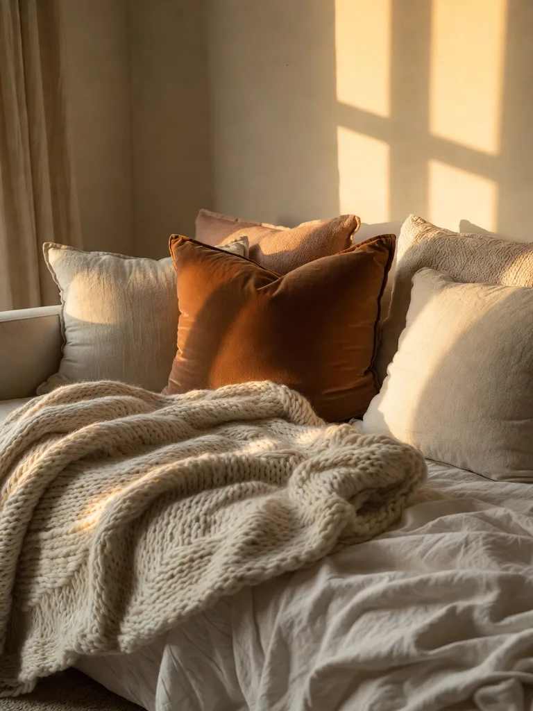 A cozy studio apartment living area featuring layered textiles like a chunky knit blanket, patterned throw pillows, and a ...