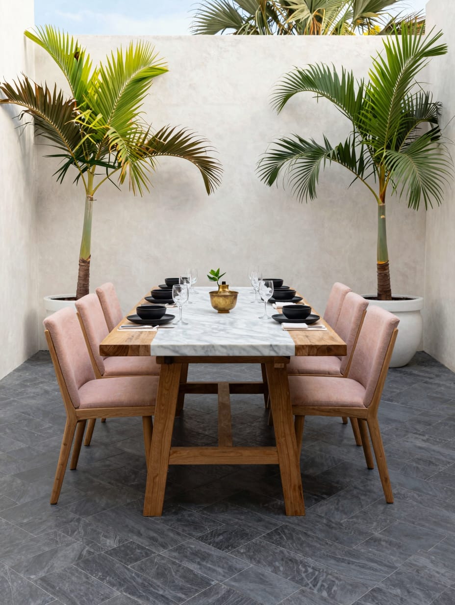 Sleek black slate dining patio with modern outdoor furniture, surrounded by lush greenery, ideal for entertaining.