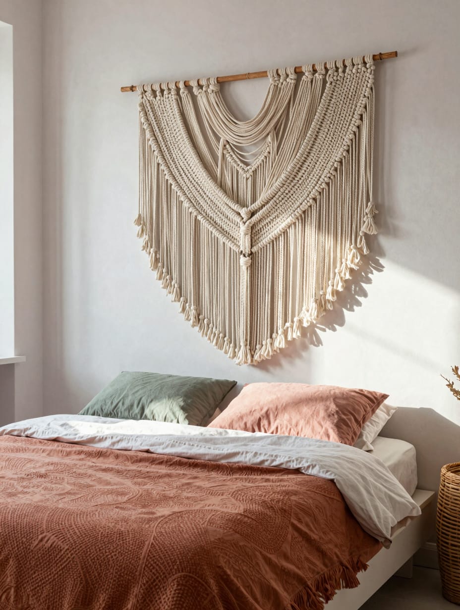 A stylish, neutral-toned woven macrame wall hanging adds texture to a cozy apartment living room, enhancing budget apartme...