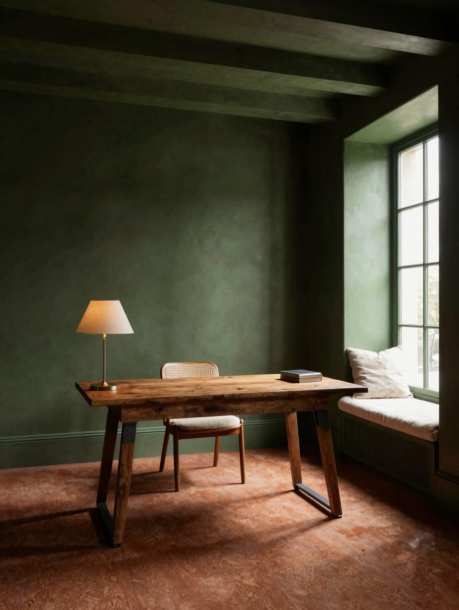 A serene home office painted in deep olive green, featuring a minimalist desk and a framed nature print, showcasing color ...