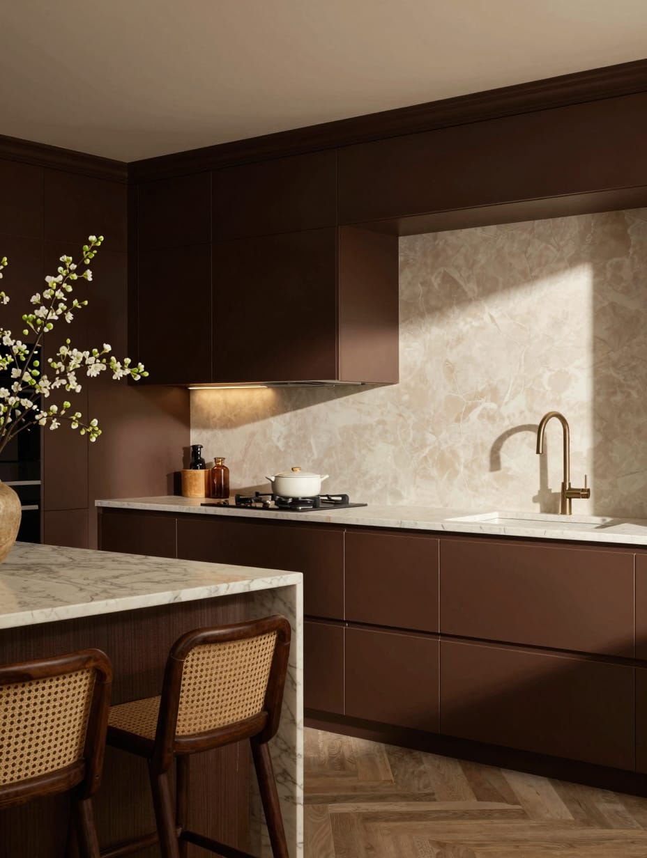 A luxurious chocolate brown color drenching kitchen featuring elegant cabinetry and modern appliances.
