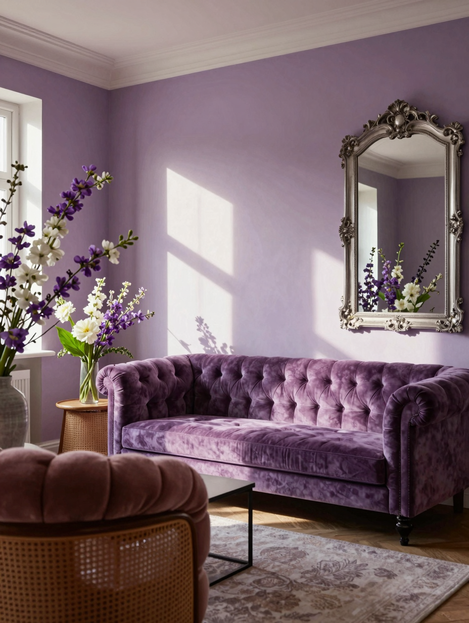 A luxurious lavender color-drenched living room showcasing dreamy softness with a bold edge.