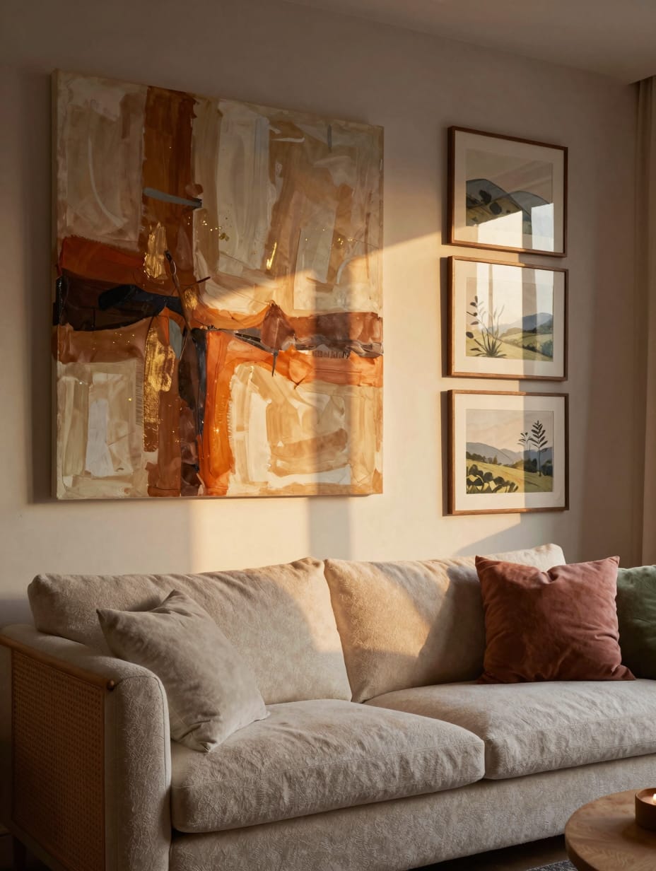 A cozy living room featuring a gallery wall with comforting artistry, enhancing the space's warmth.
