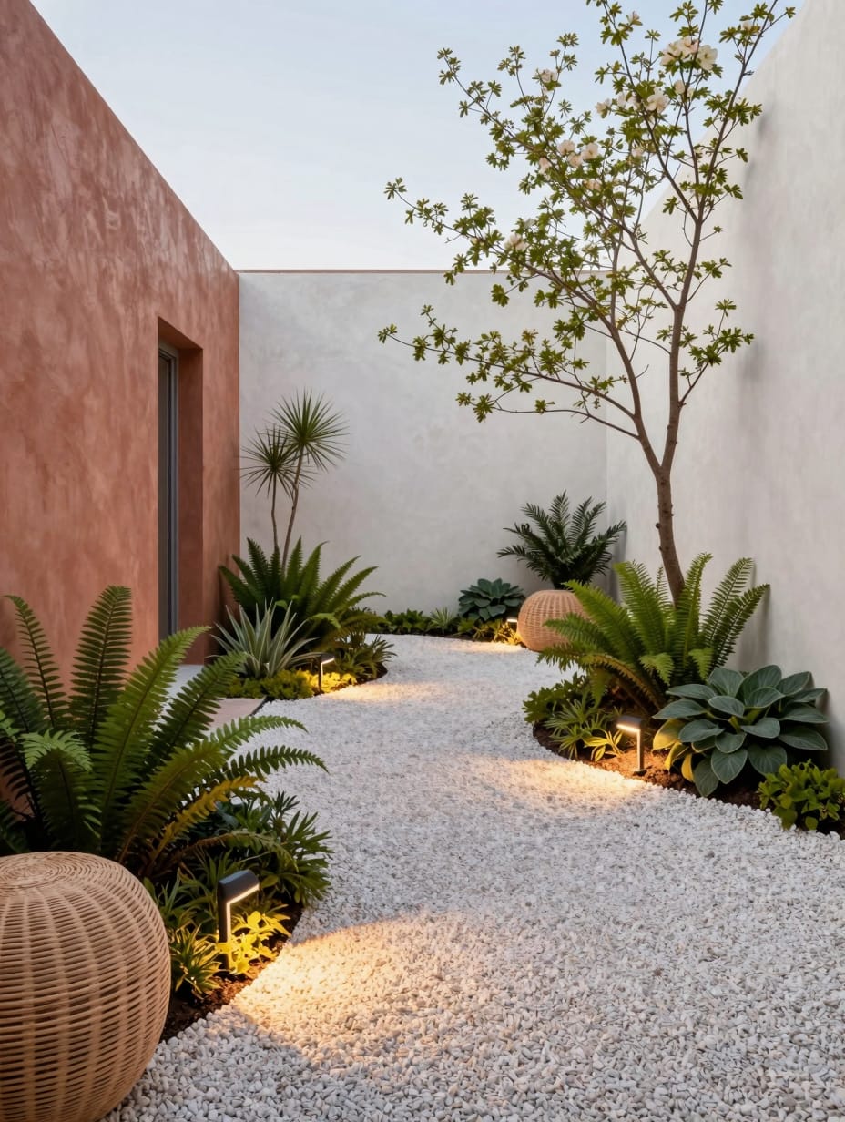 An inviting front yard path illuminated by warm evening lights, an inspiring example of front yard landscaping ideas.