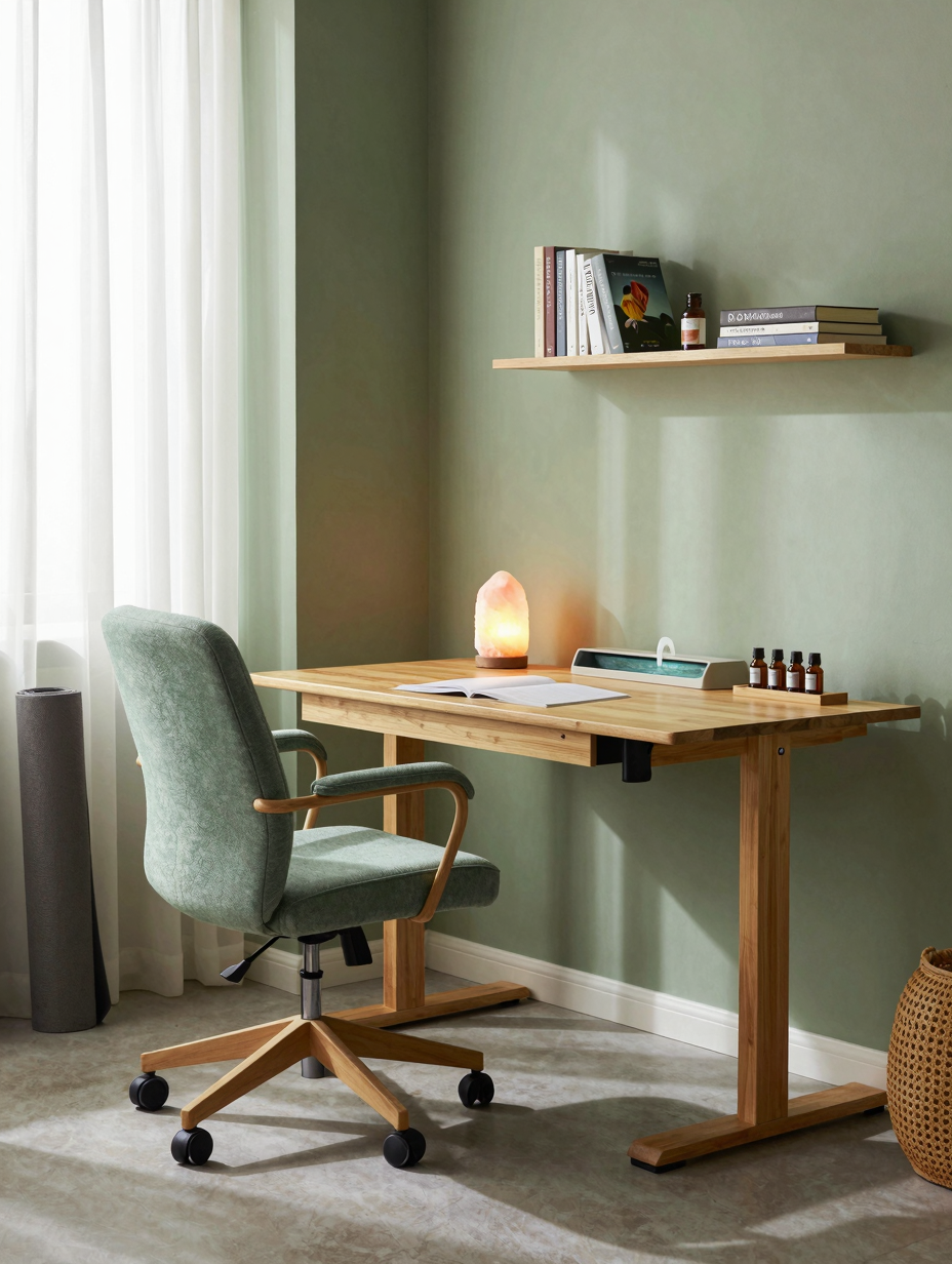 A wellness-focused home office sanctuary with plants, warm lighting, and a cozy armchair, promoting relaxation and product...