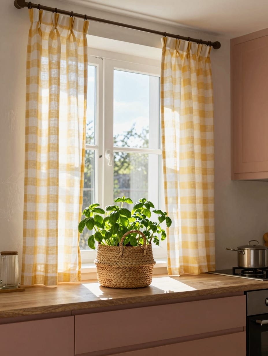 A bright yellow gingham check kitchen sink curtain adds a cheerful touch to a kitchen window with natural light.