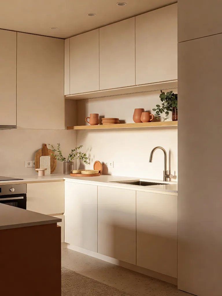 Modern studio apartment featuring elevated wall-mounted shelving and cabinets, maximizing vertical space for storage in a ...