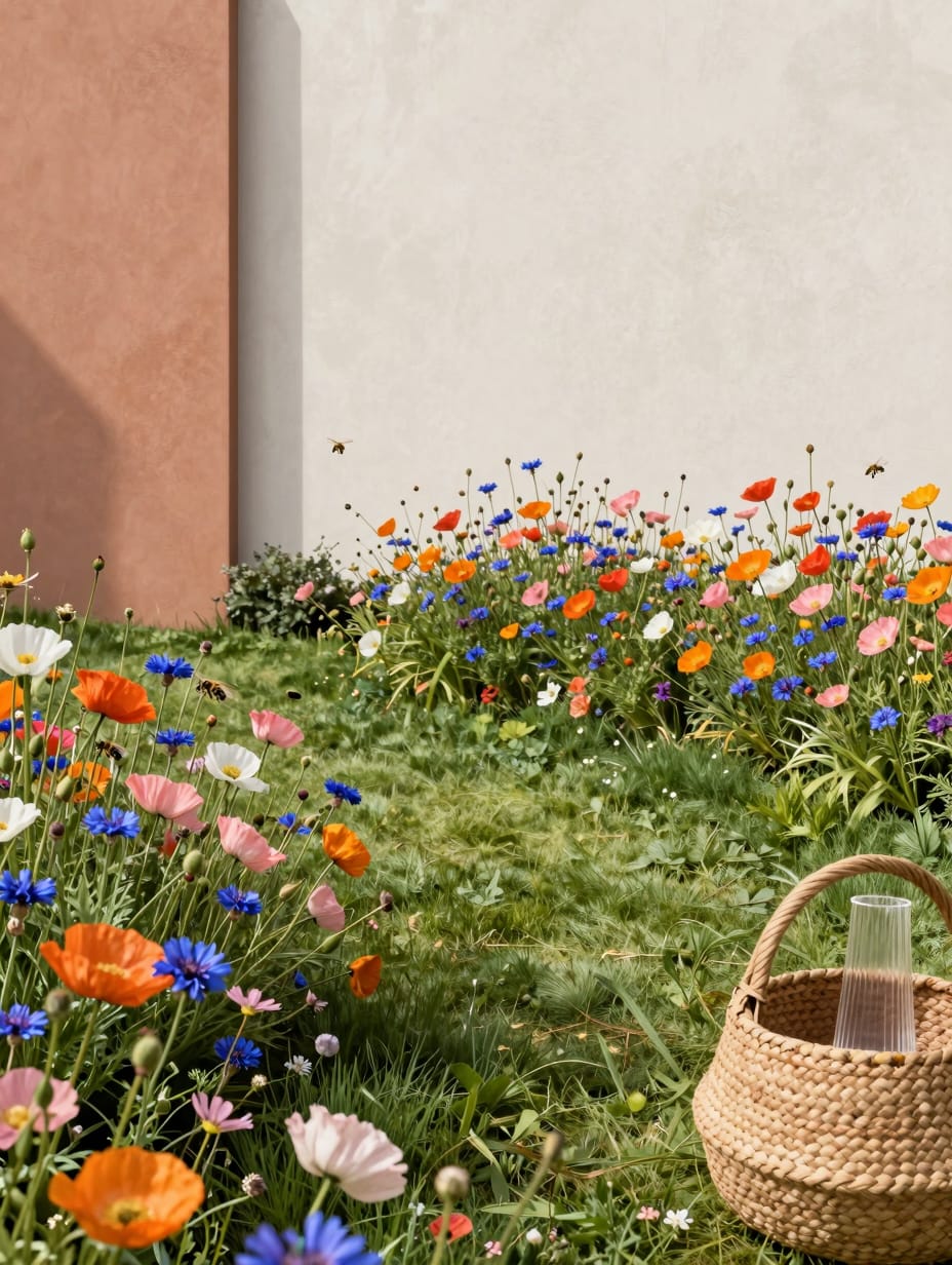 A vibrant wildflower meadow fringe adding a natural, informal touch to a yard landscaping idea.