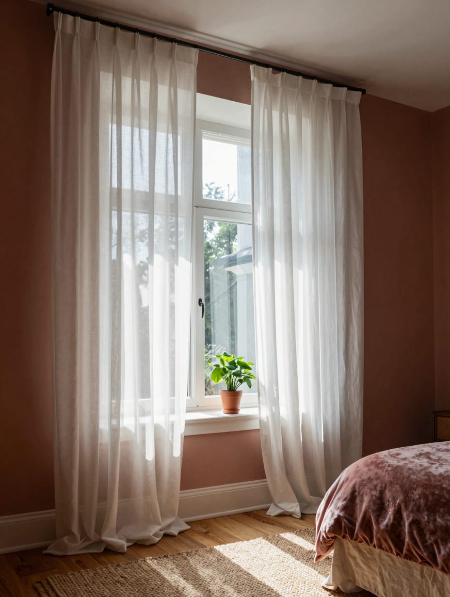 A close-up of light filtering through a window styled with sheer, lightweight curtains, demonstrating a budget apartment d...