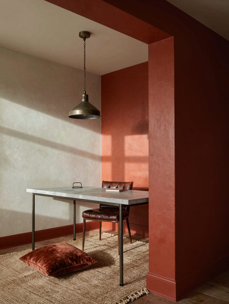 A color drenching home office with intense rust red walls and a wooden desk, evoking desert hues for a warm workspace.
