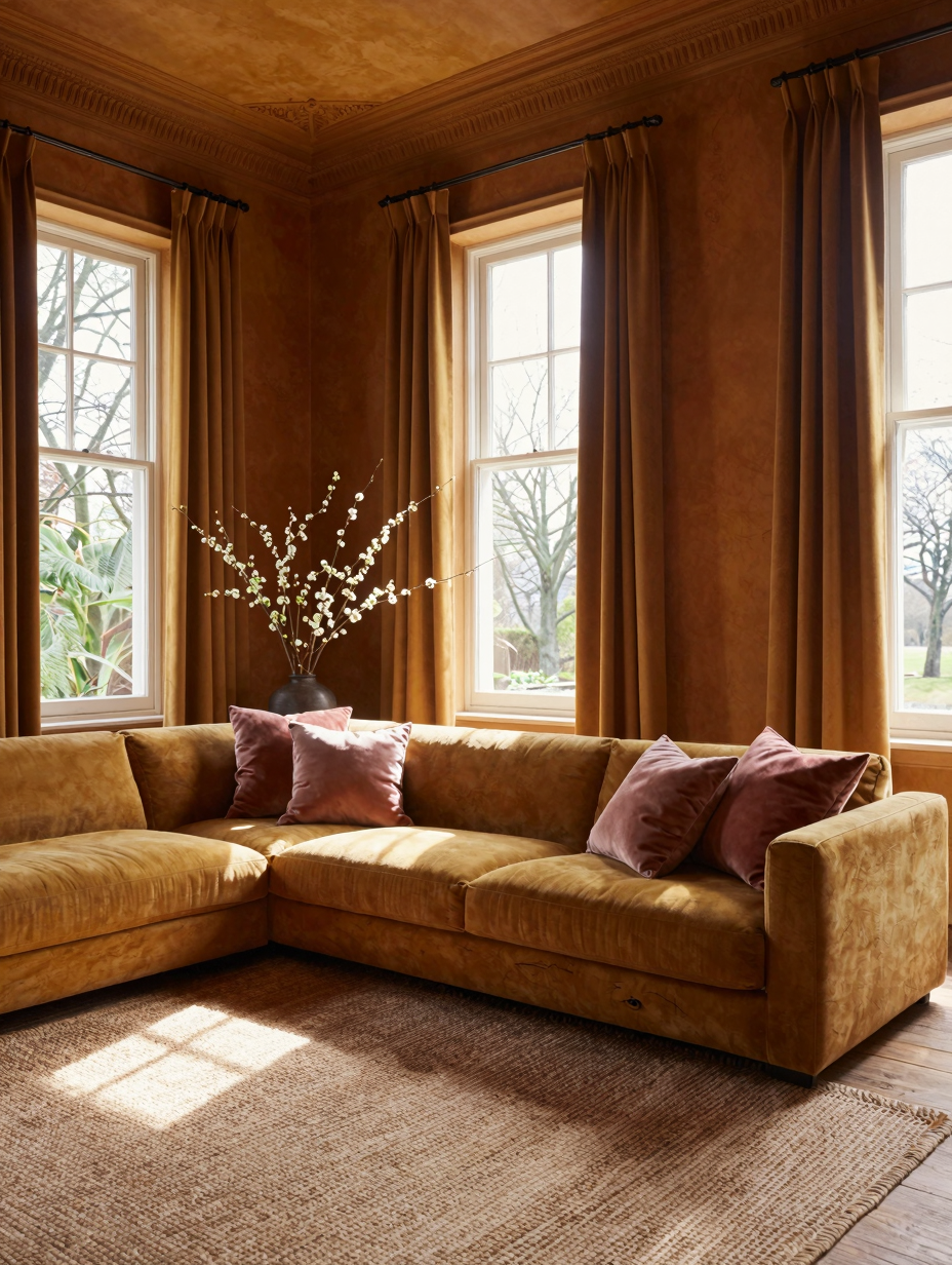 An ochre color drenching living room with earthy tones, modern furniture, and subtle gold accents, creating sophisticated ...