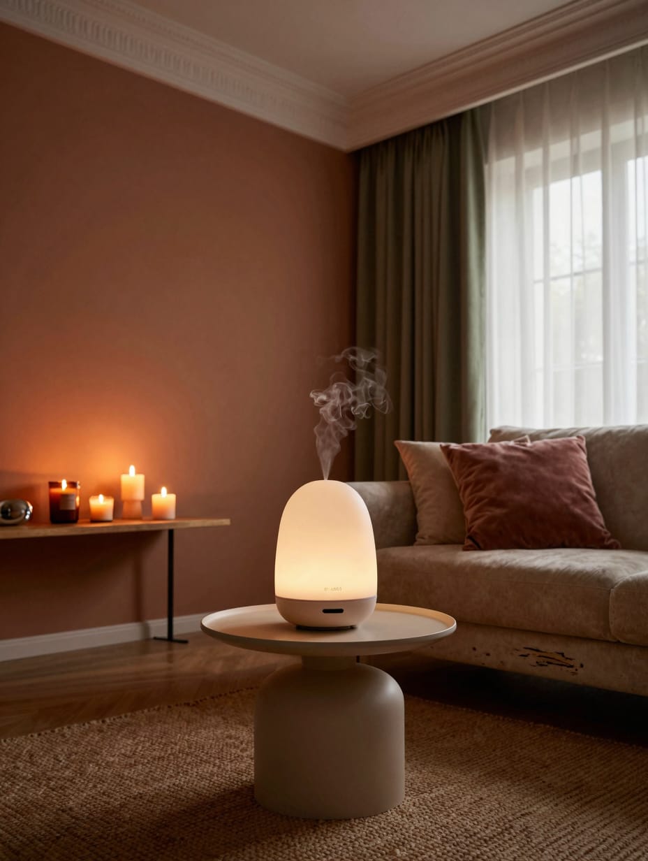 A decorative essential oil diffuser sits on a wooden side table in a warm and cozy living room, releasing a calming aroma....