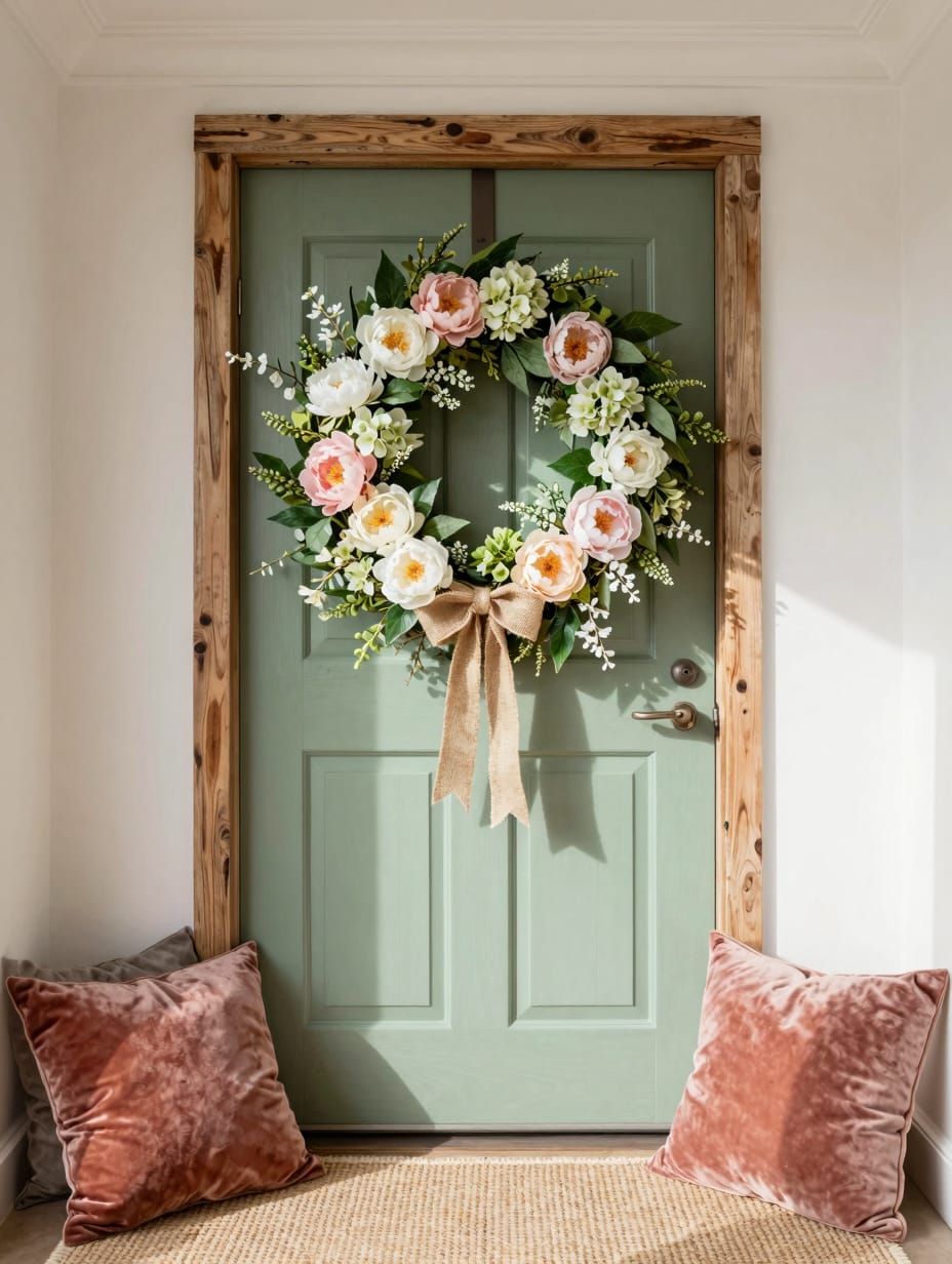 A vibrant spring wreath with colorful flowers and greenery hangs on a welcoming front door, enhancing the home's curb appe...