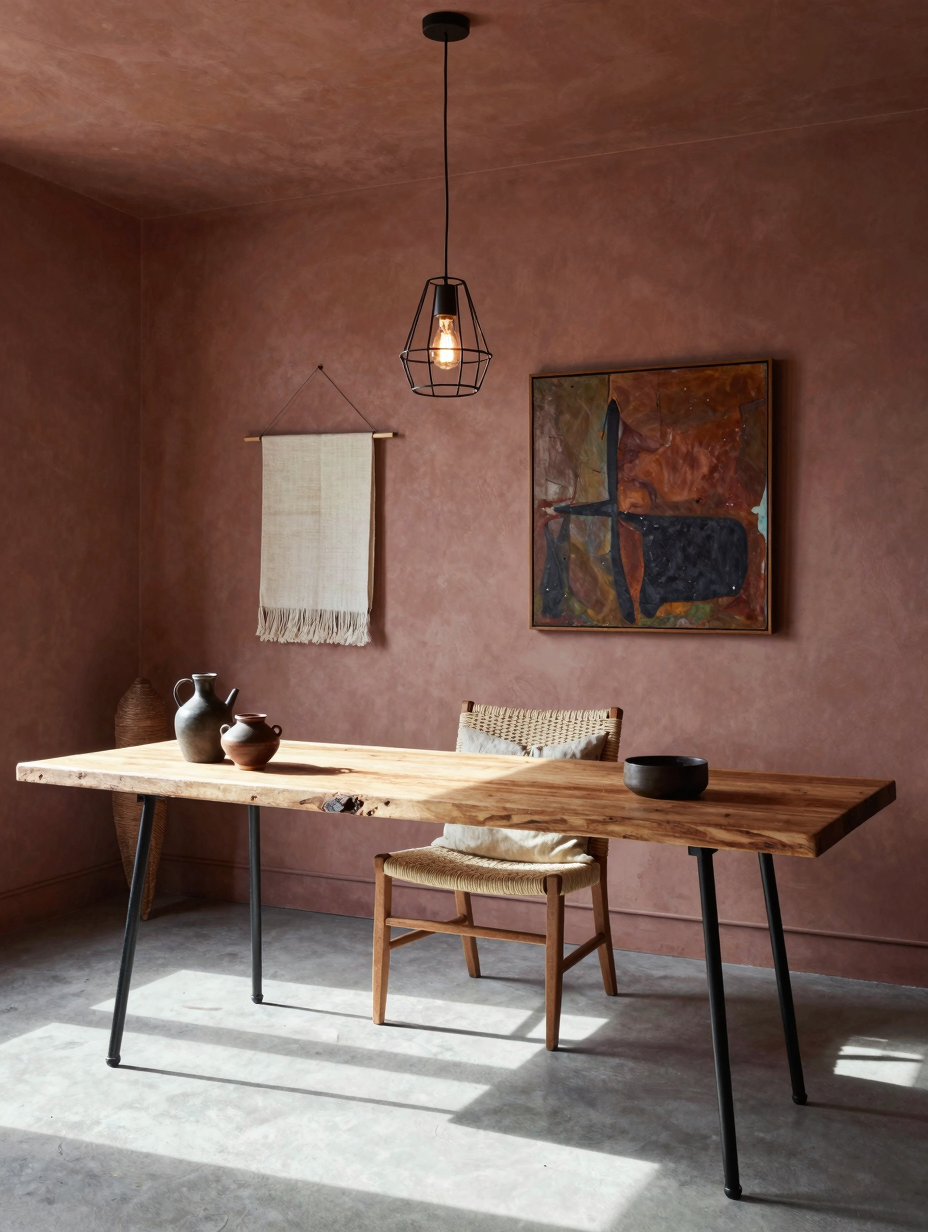 An industrial-chic home office featuring a dark wood desk, exposed brick wall, and modern pendant lighting, creating an ar...