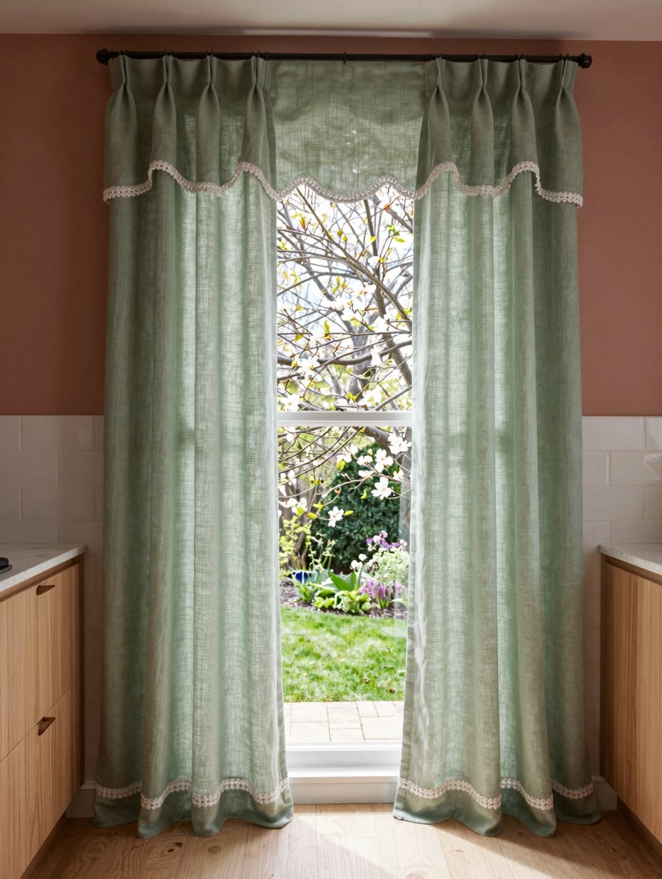 Scalloped edge sage green linen kitchen sink curtains add a touch of vintage charm to a kitchen window.