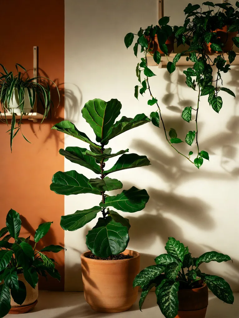 A bright studio apartment corner featuring various potted plants on shelves, a window sill, and the floor, bringing lush g...
