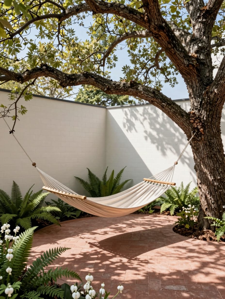 A serene woodland retreat under a large tree, featuring a cozy bench, lush plants, and natural decor, ideal for a peaceful...