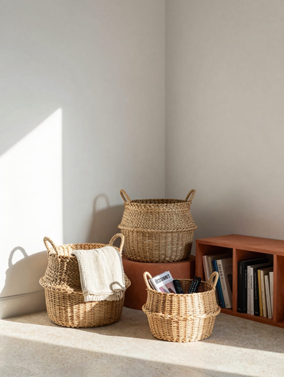 A collection of aesthetic woven baskets and neutral-toned bins neatly organized on a shelf, ideal for budget apartment dec...
