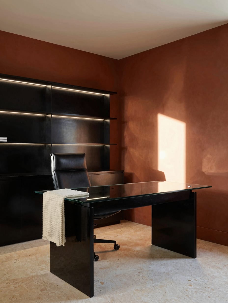 A sophisticated high-gloss black color-drenched home office with minimalist decor and sleek furniture.