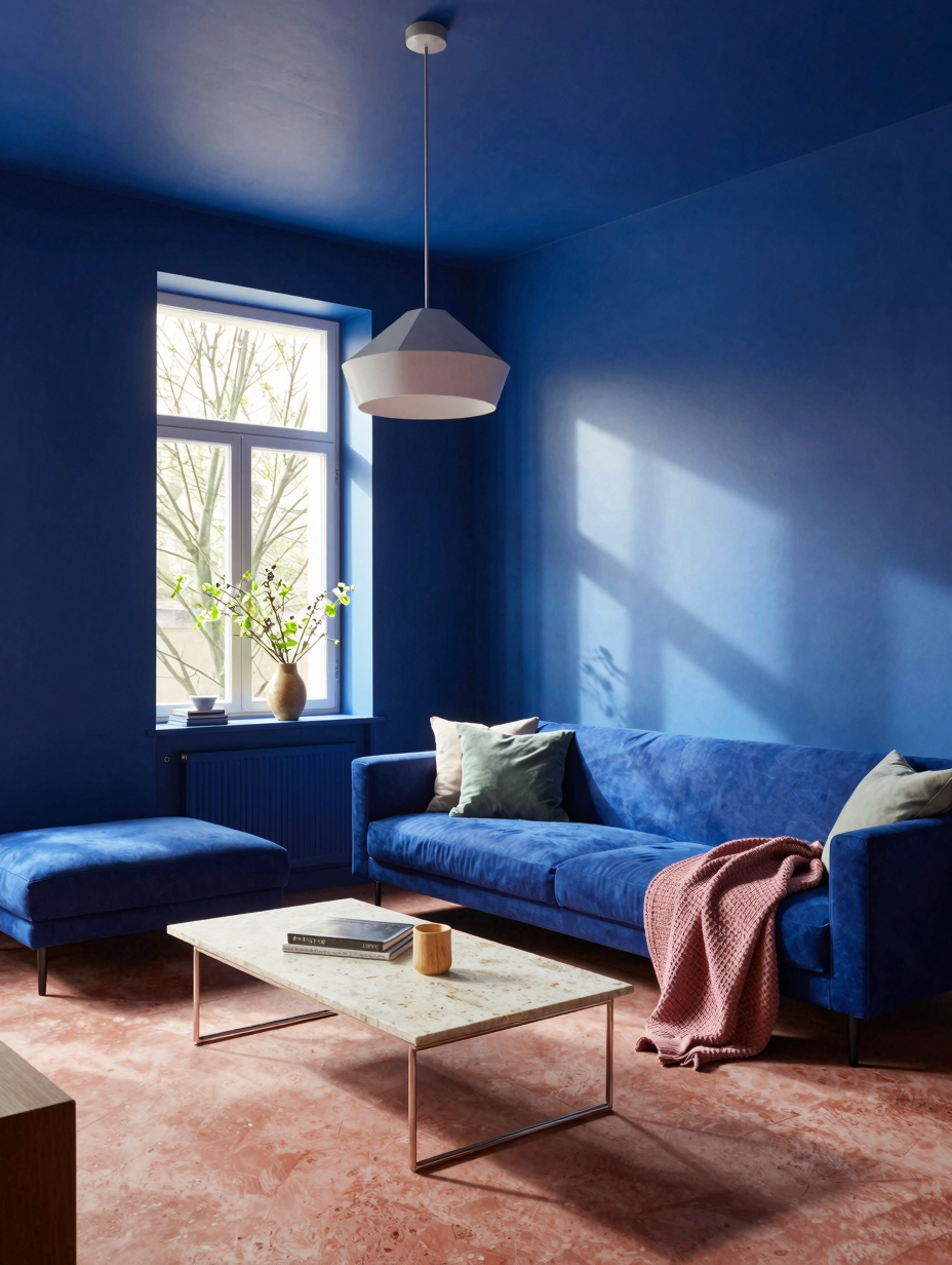 A striking color drenching living room in bold cobalt blue with matching walls, sofa, and decor accents.