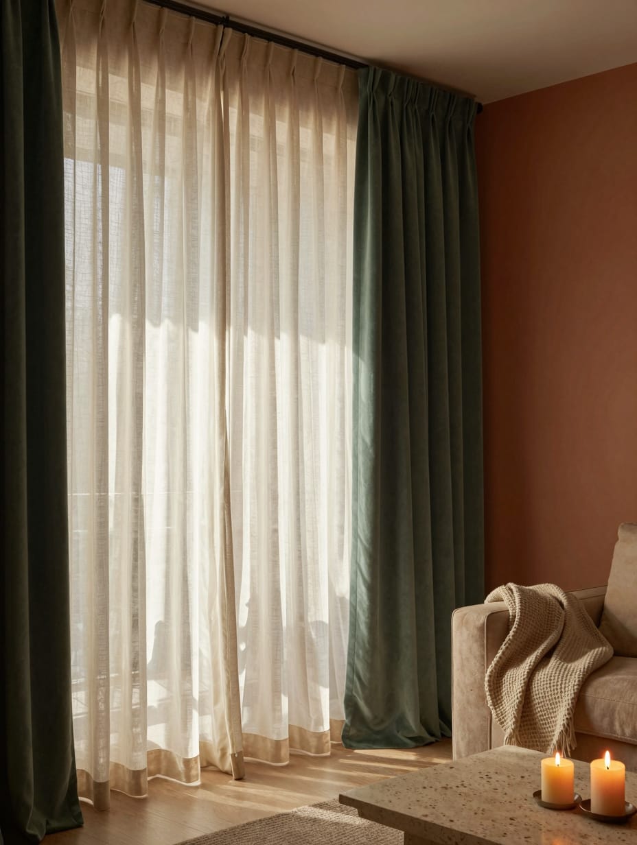 A cozy living room featuring large windows with elegant, soft white drapes framing a beautiful outdoor view.