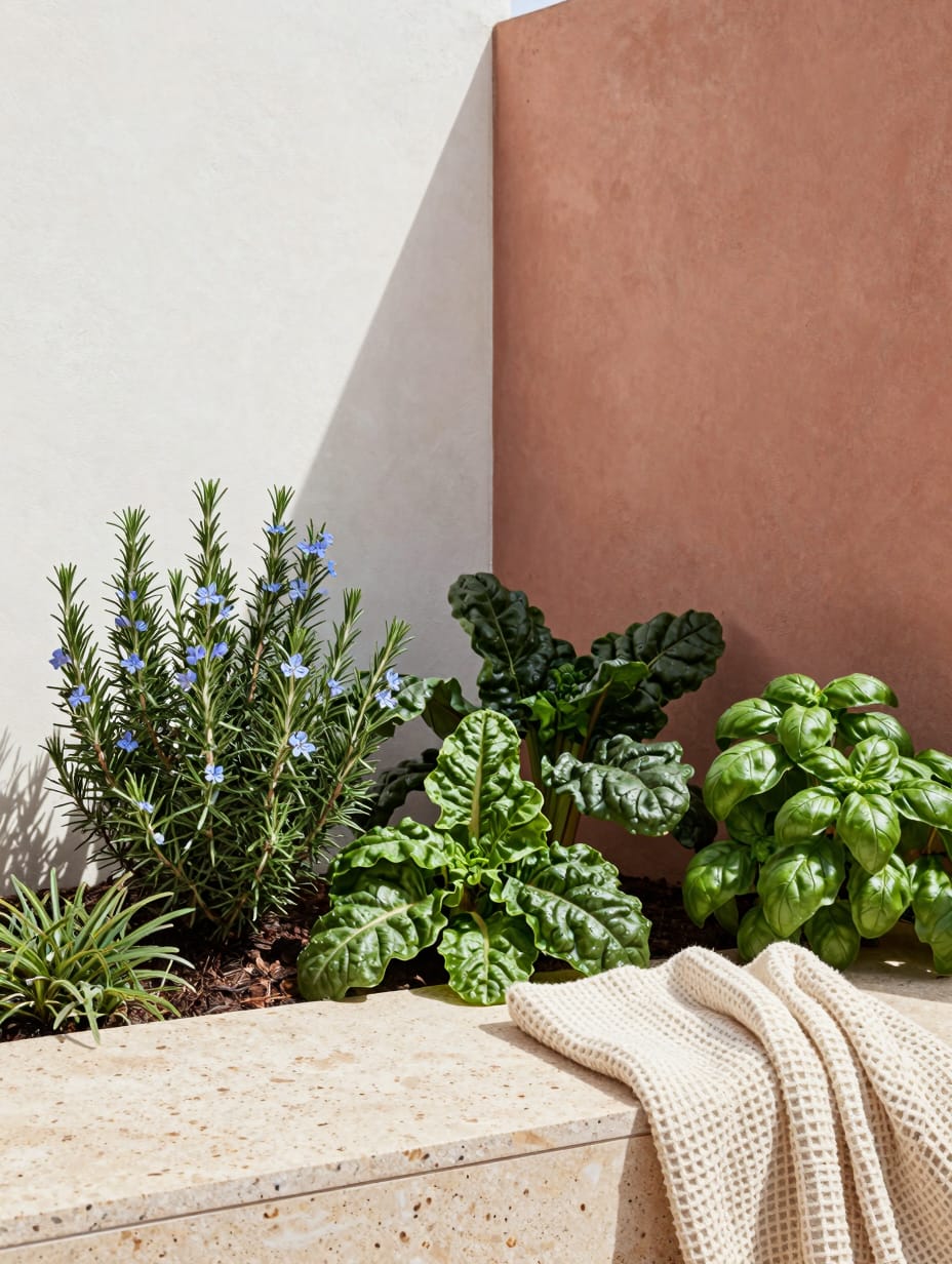 A well-maintained front yard border showcasing a variety of herbaceous edible plants, including colorful flowers and culin...