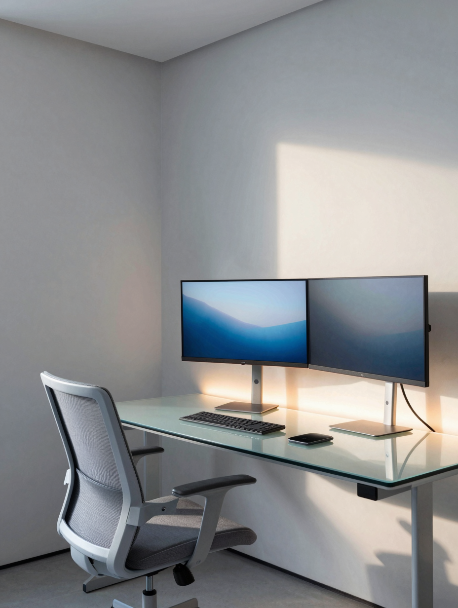A sleek, tech-integrated smart home office setup with multiple monitors and minimalist design for an ideal home office aes...
