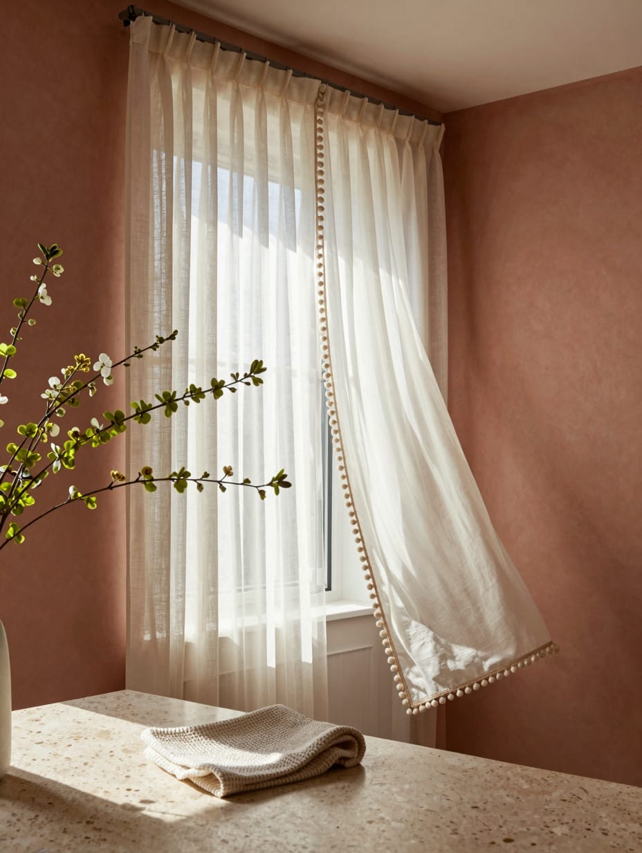 A light-filled kitchen window featuring a sheer white curtain with playful pom-pom trim, adding a touch of charm and whims...