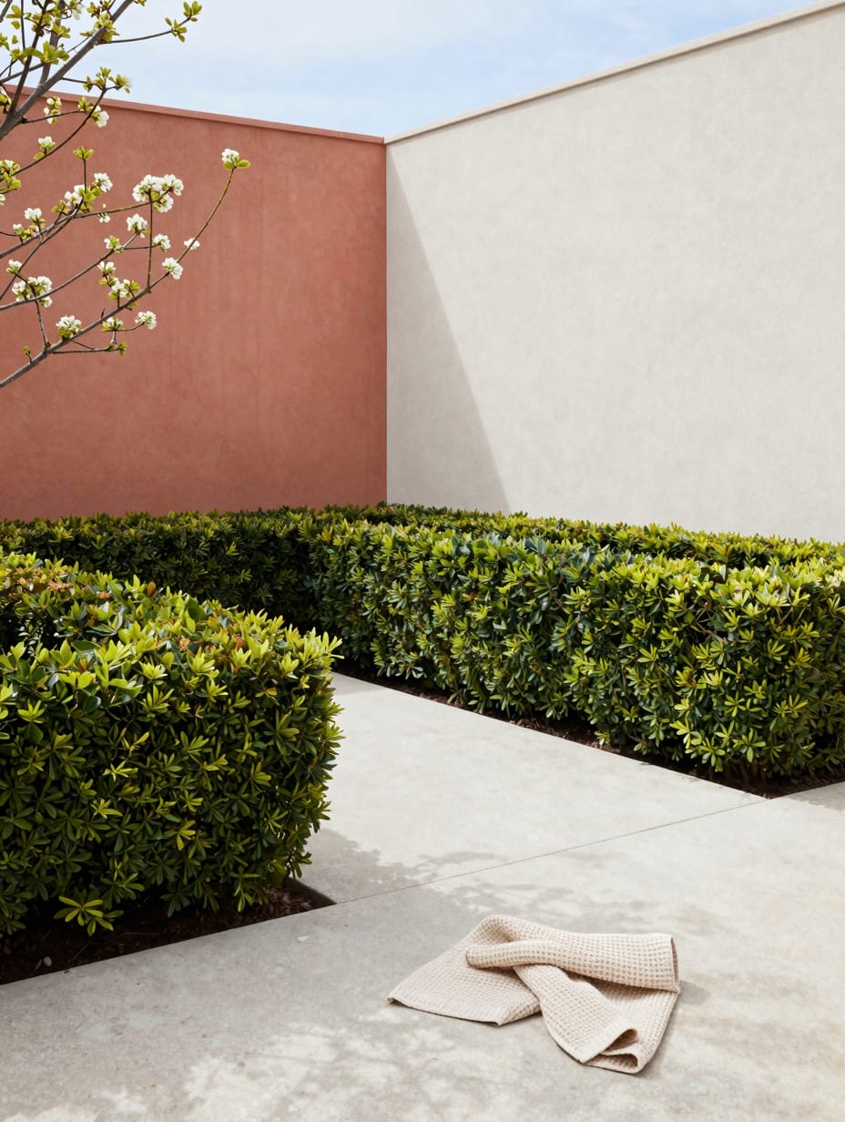 A neatly trimmed boxwood hedge border adds structure and polish to a modern garden, enhancing yard landscaping ideas.