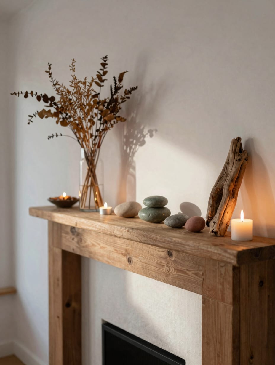 A close-up of budget apartment decor featuring a unique wall art piece crafted from found natural objects like dried leave...