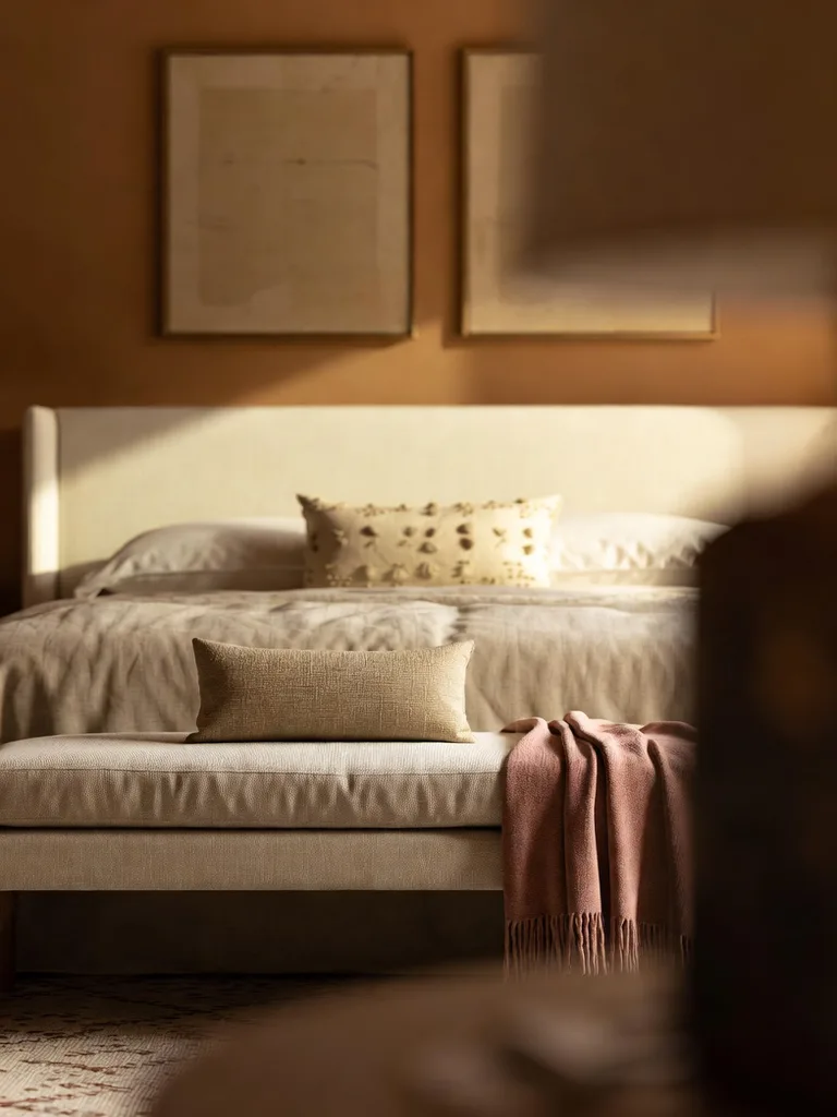 A stylish upholstered bench with a faux fur throw at the foot of a bed in a cozy bedroom, adding a warm seating area.