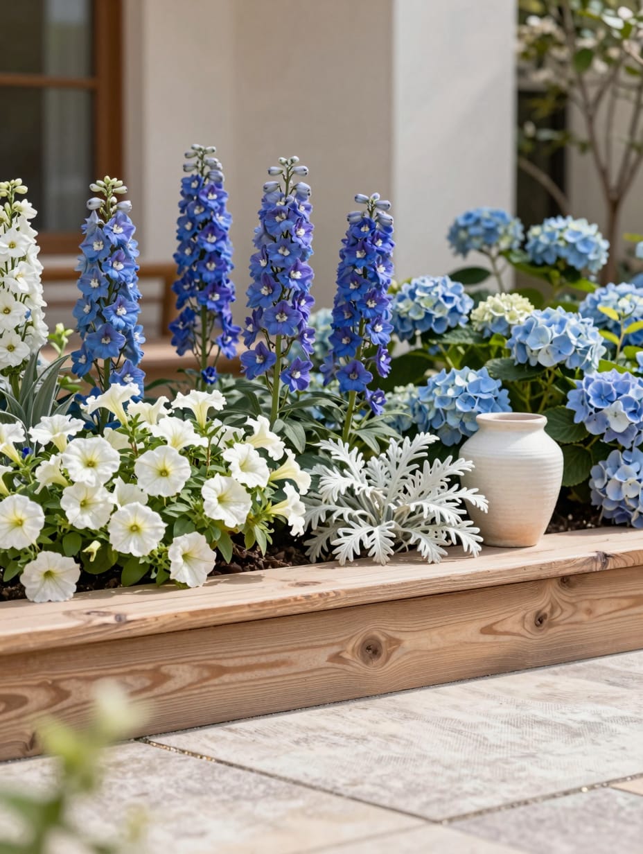 Monochromatic bloom display enhances front yard landscaping ideas with harmonious plant selection.