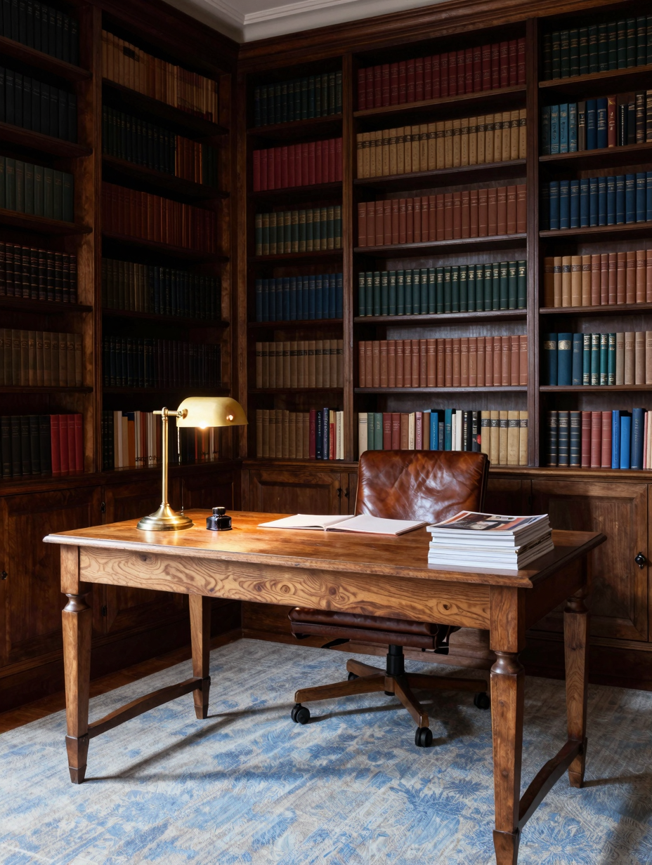 Cozy home office with dark wood shelves, books, and a comfy armchair creating a library lounge aesthetic.