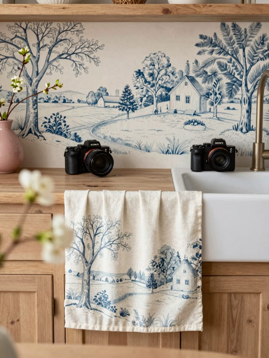 A kitchen sink window adorned with elegant blue and white Toile de Jouy curtains, exuding traditional charm.