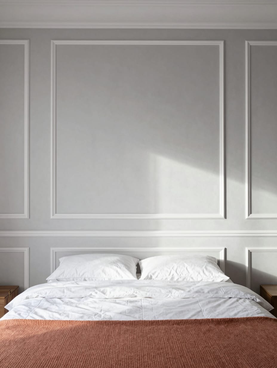 Elegant white wall moldings add sophisticated character to a modern living room, a clever budget apartment decor idea.