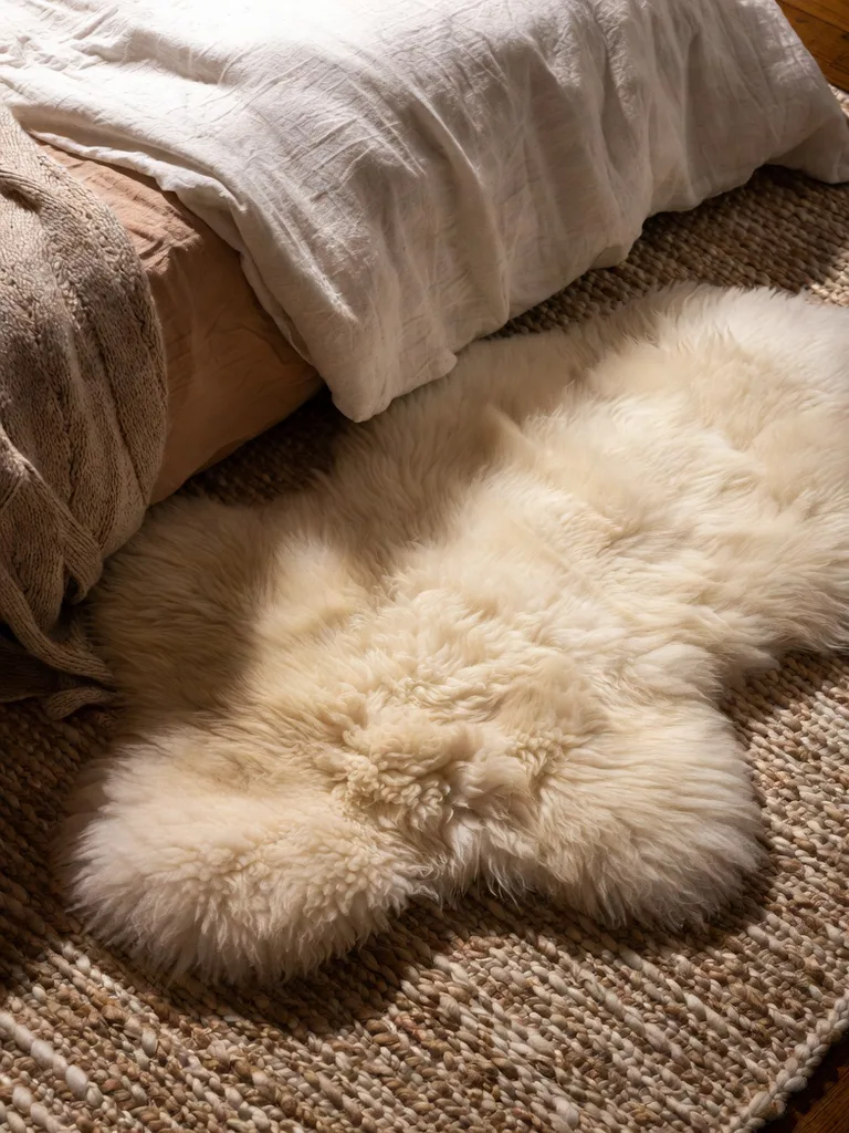 Two soft, layered rugs on a light wood floor in a cozy bedroom, adding warmth and texture to the space.